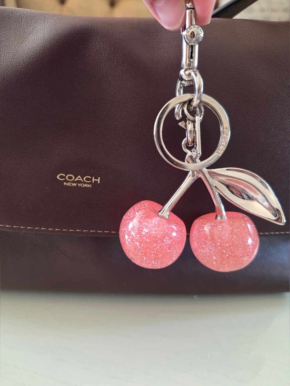Coach Cherry Bag Charm Pink Glitter Keychain with silver stem & leaf